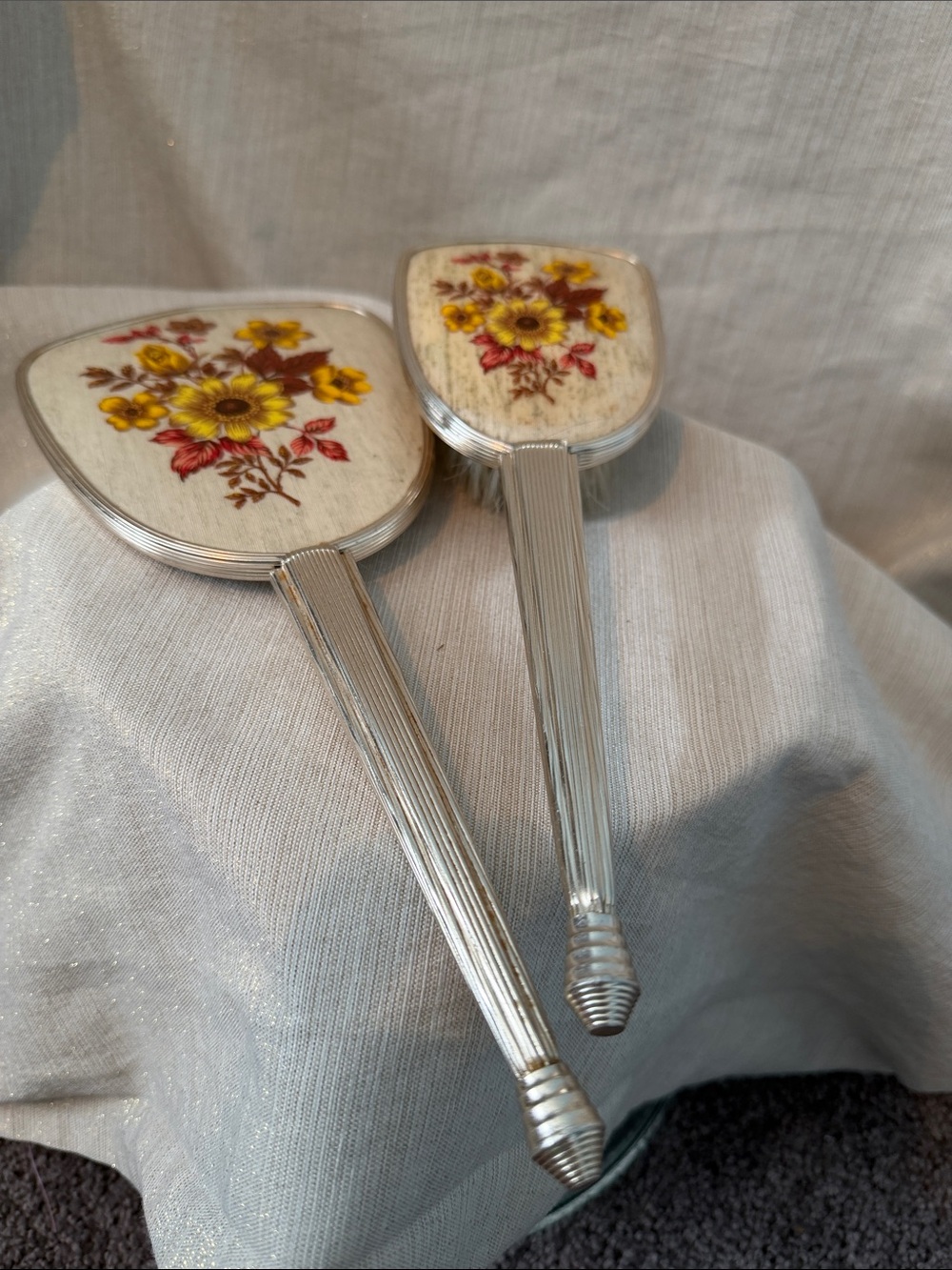 Silver Hand Mirror Set with Yellow Floral Inlay Vintage